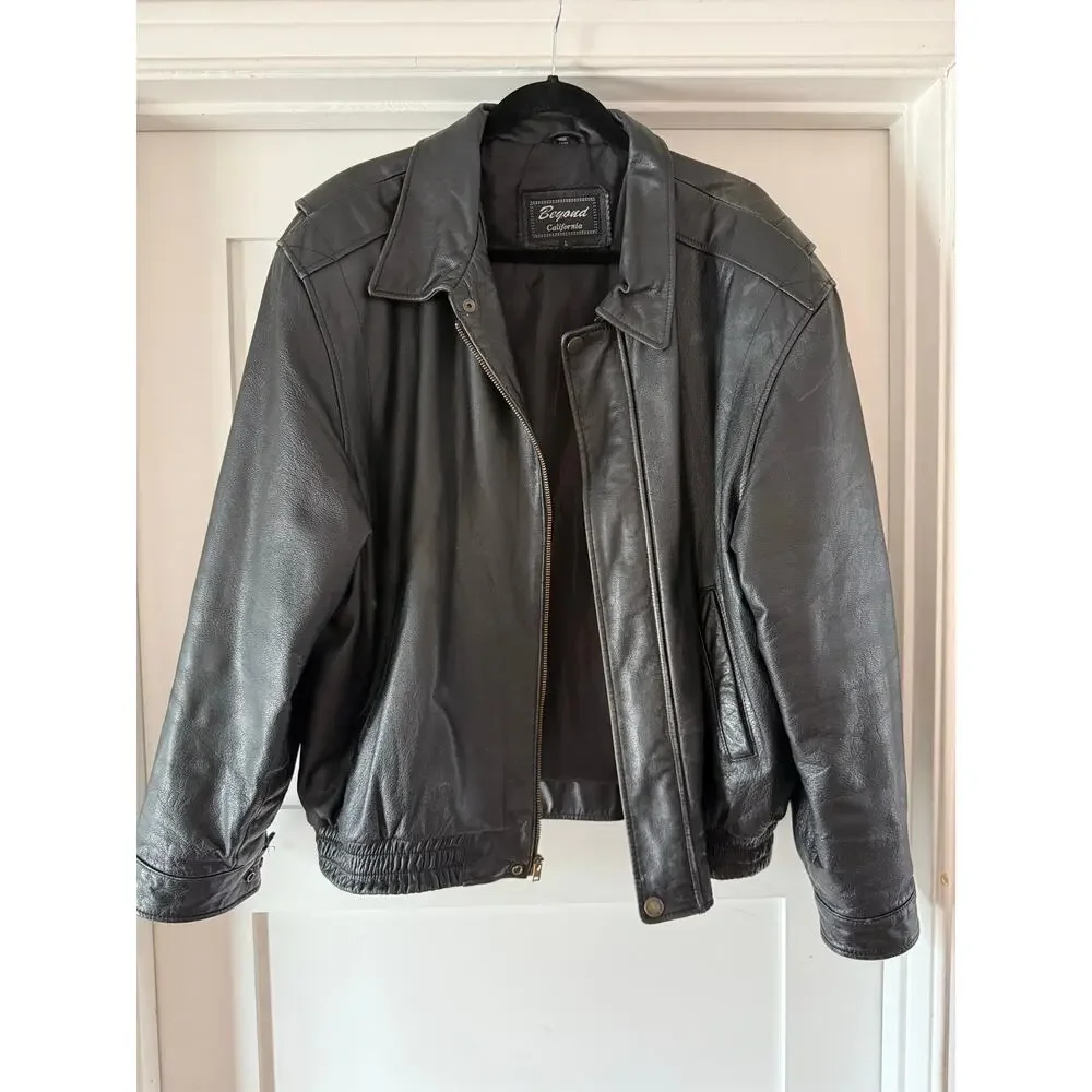 Vintage Black Genuine Leather Jacket Oversized 90s Minimal Beyond California L - Picture 3 of 12